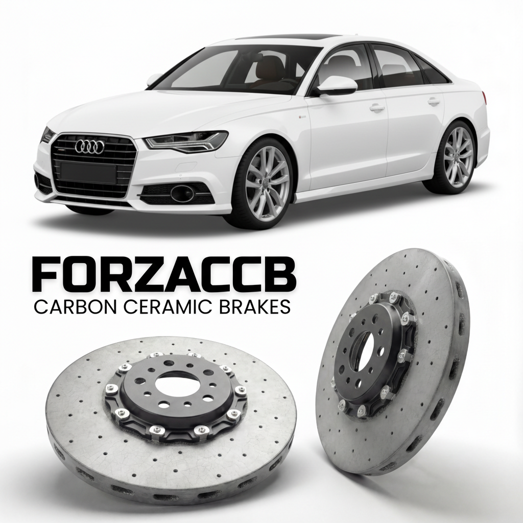 ForzaCCB direct OEM replacement carbon ceramic brake rotors for 2011 to 2018 Audi A6 C7 models, shown with a white Audi A6 car.