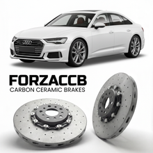 ForzaCCB direct OEM replacement carbon ceramic brake rotors for 2018 to 2025 Audi A6 C8 models, shown with a white Audi A6 car.