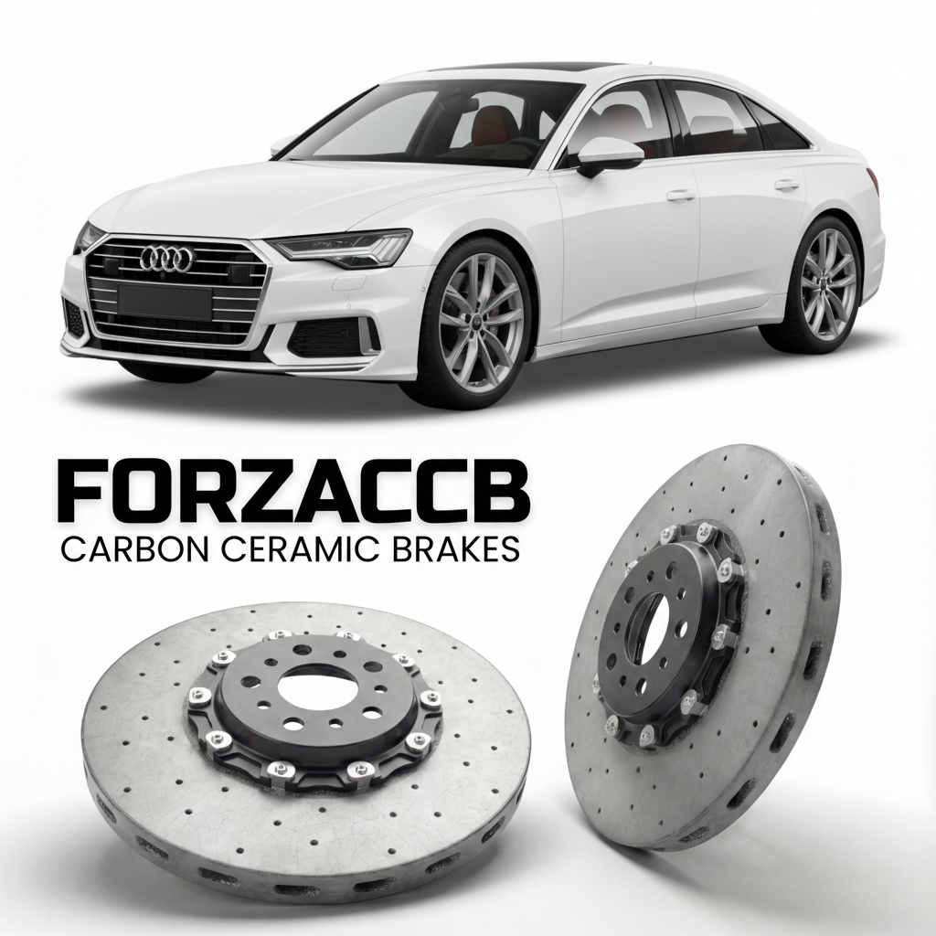 ForzaCCB direct OEM replacement carbon ceramic brake rotors for 2018 to 2025 Audi A6 C8 models, shown with a white Audi A6 car.