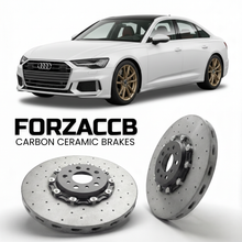 ForzaCCB direct OEM replacement carbon ceramic brake rotors for 2025 and newer Audi A6 C9 models, shown with a white Audi A6 car.