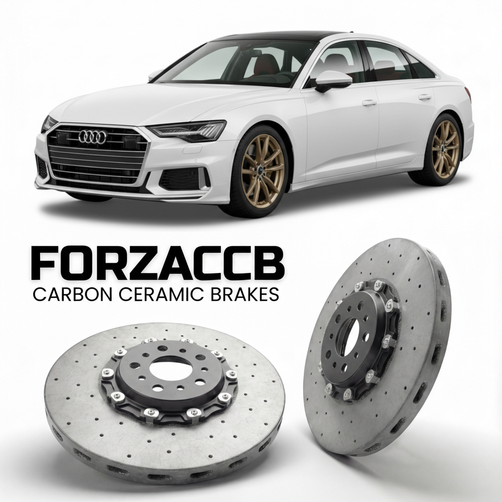 ForzaCCB direct OEM replacement carbon ceramic brake rotors for 2025 and newer Audi A6 C9 models, shown with a white Audi A6 car.