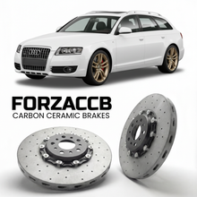ForzaCCB direct OEM replacement carbon ceramic brake rotors for 2006 to 2011 Audi A6 allroad quattro C6 models, shown with a white Audi A6 allroad quattro car.