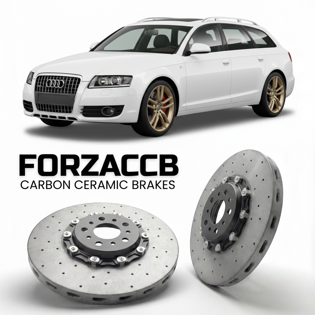 ForzaCCB direct OEM replacement carbon ceramic brake rotors for 2006 to 2011 Audi A6 allroad quattro C6 models, shown with a white Audi A6 allroad quattro car.