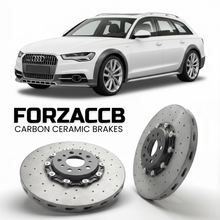 ForzaCCB direct OEM replacement carbon ceramic brake rotors for 2012 to 2018 Audi A6 allroad quattro C7 models, shown with a white Audi A6 allroad quattro car.