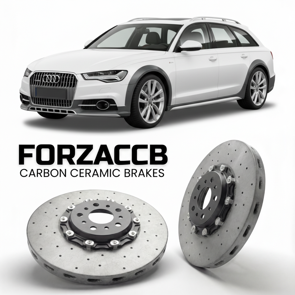 ForzaCCB direct OEM replacement carbon ceramic brake rotors for 2012 to 2018 Audi A6 allroad quattro C7 models, shown with a white Audi A6 allroad quattro car.