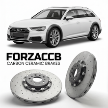 ForzaCCB direct OEM replacement carbon ceramic brake rotors for 2019 and newer Audi A6 allroad quattro C8 models, shown with a white Audi A6 allroad quattro car.