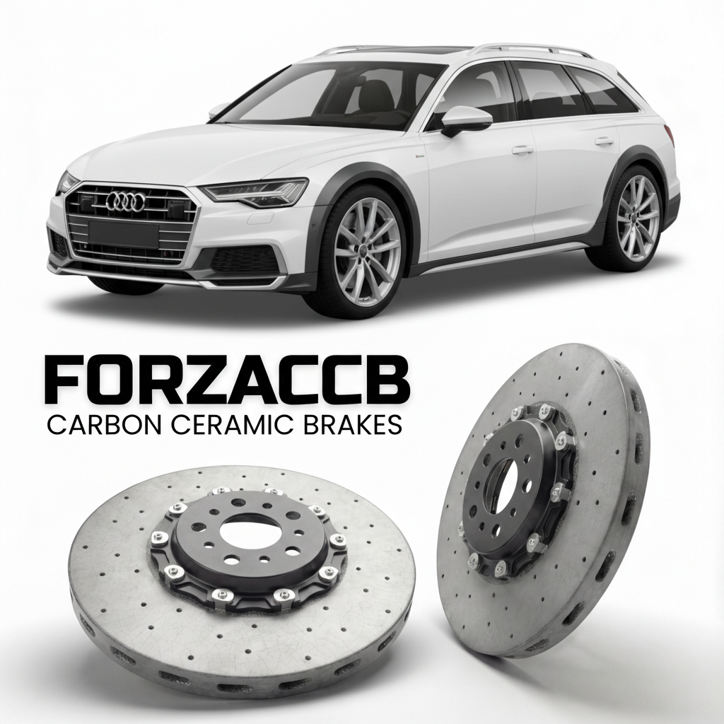 ForzaCCB direct OEM replacement carbon ceramic brake rotors for 2019 and newer Audi A6 allroad quattro C8 models, shown with a white Audi A6 allroad quattro car.