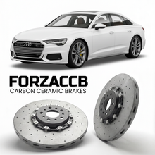 ForzaCCB direct OEM replacement carbon ceramic brake rotors for 2024 and newer Audi A6 e-tron C9 models, shown with a white Audi A6 e-tron car.