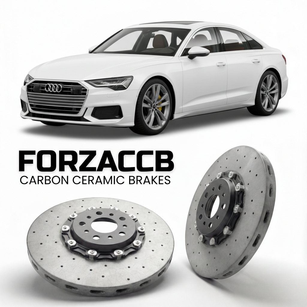 ForzaCCB direct OEM replacement carbon ceramic brake rotors for 2024 and newer Audi A6 e-tron C9 models, shown with a white Audi A6 e-tron car.
