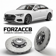 ForzaCCB direct OEM replacement carbon ceramic brake rotors for 2024 and newer Audi A6 e-tron F2 models, shown with a white Audi A6 e-tron car.