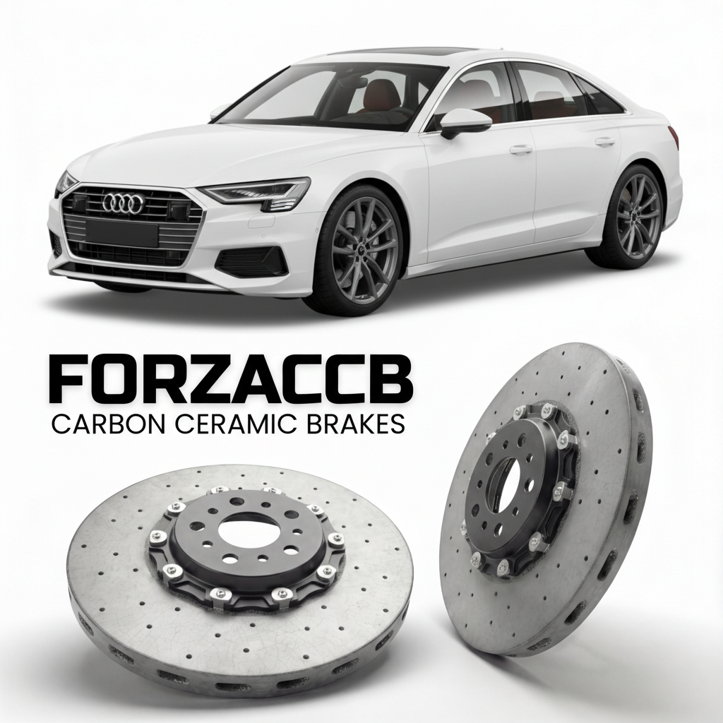ForzaCCB direct OEM replacement carbon ceramic brake rotors for 2024 and newer Audi A6 e-tron F2 models, shown with a white Audi A6 e-tron car.