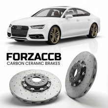 ForzaCCB direct OEM replacement carbon ceramic brake rotors for 2010 to 2018 Audi A7 4G8 models, shown with a white Audi A7 car.