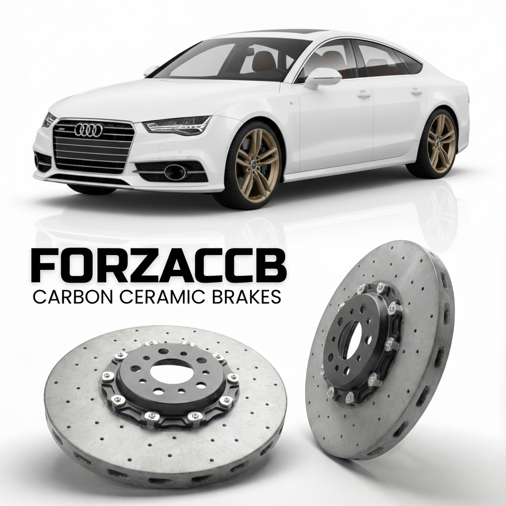 ForzaCCB direct OEM replacement carbon ceramic brake rotors for 2010 to 2018 Audi A7 4G8 models, shown with a white Audi A7 car.
