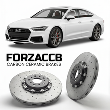 ForzaCCB direct OEM replacement carbon ceramic brake rotors for 2018 and newer Audi A7 4K8 models, shown with a white Audi A7 car.