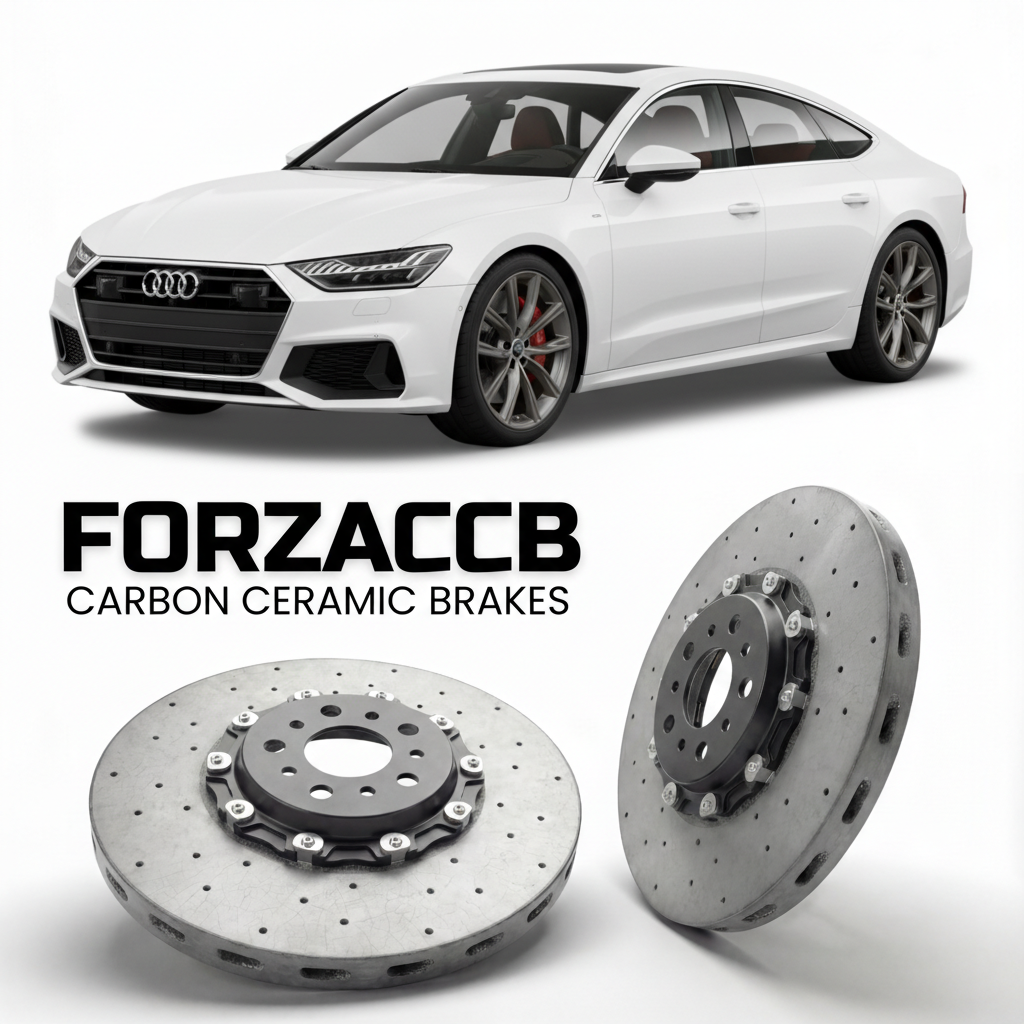ForzaCCB direct OEM replacement carbon ceramic brake rotors for 2018 and newer Audi A7 4K8 models, shown with a white Audi A7 car.