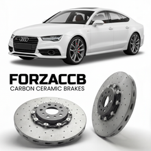 ForzaCCB direct OEM replacement carbon ceramic brake rotors for 2010 to 2018 Audi A7 Sportback 4G8 models, shown with a white Audi A7 Sportback car.