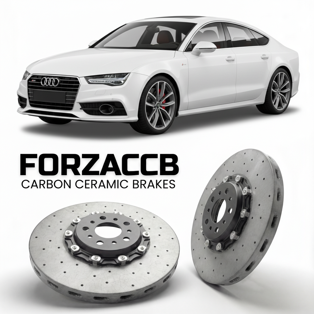 ForzaCCB direct OEM replacement carbon ceramic brake rotors for 2010 to 2018 Audi A7 Sportback 4G8 models, shown with a white Audi A7 Sportback car.