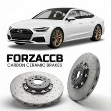 ForzaCCB direct OEM replacement carbon ceramic brake rotors for 2018 and newer Audi A7 Sportback 4K8 models, shown with a white Audi A7 Sportback car.