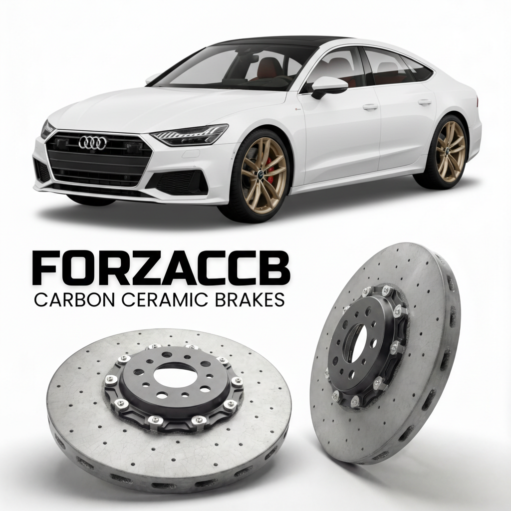 ForzaCCB direct OEM replacement carbon ceramic brake rotors for 2018 and newer Audi A7 Sportback 4K8 models, shown with a white Audi A7 Sportback car.