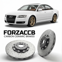 ForzaCCB direct OEM replacement carbon ceramic brake rotors for 2003 to 2010 Audi A8 D3 models, shown with a white Audi A8 car.