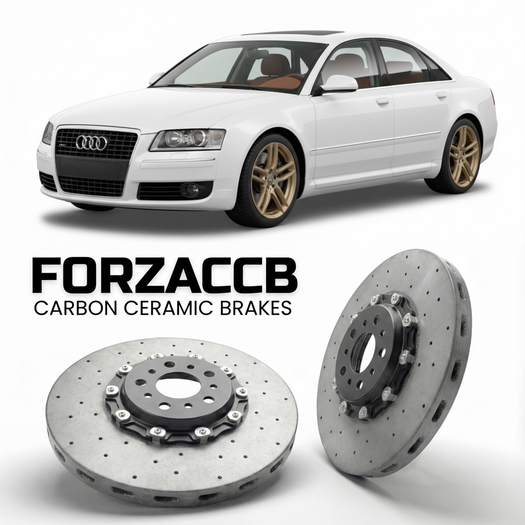 ForzaCCB direct OEM replacement carbon ceramic brake rotors for 2003 to 2010 Audi A8 D3 models, shown with a white Audi A8 car.