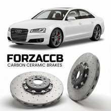 ForzaCCB direct OEM replacement carbon ceramic brake rotors for 2010 to 2017 Audi A8 D4 models, shown with a white Audi A8 car.