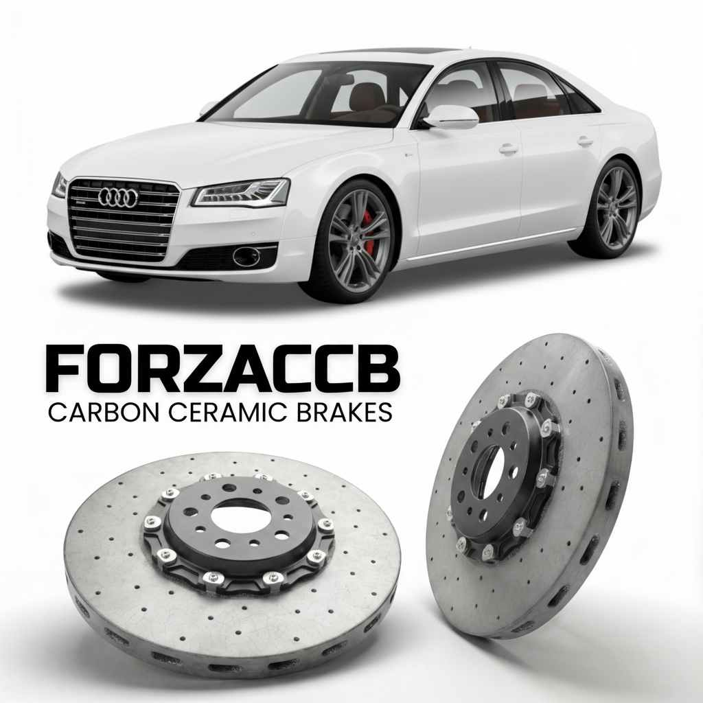 ForzaCCB direct OEM replacement carbon ceramic brake rotors for 2010 to 2017 Audi A8 D4 models, shown with a white Audi A8 car.