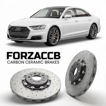 ForzaCCB direct OEM replacement carbon ceramic brake rotors for 2017 and newer Audi A8 D5 models, shown with a white Audi A8 car.