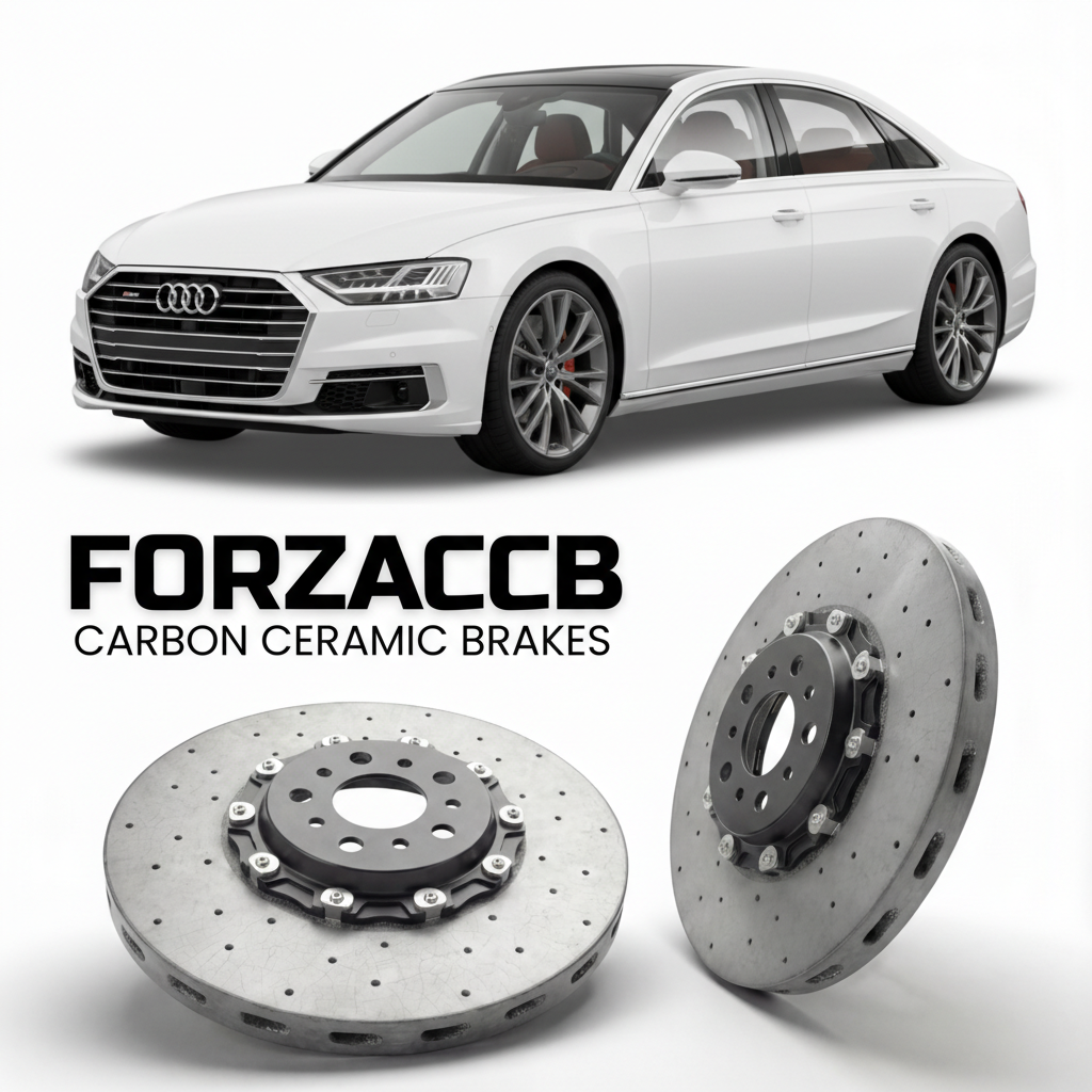 ForzaCCB direct OEM replacement carbon ceramic brake rotors for 2017 and newer Audi A8 D5 models, shown with a white Audi A8 car.