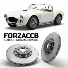 ForzaCCB direct OEM replacement carbon ceramic brake rotors for 1962-1967) AC Cars AC Cobra original (1960s models, shown with a white AC Cars AC Cobra car.