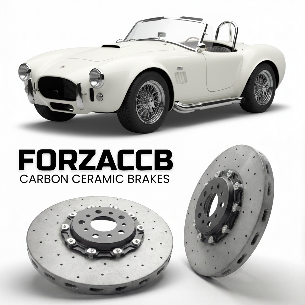 ForzaCCB direct OEM replacement carbon ceramic brake rotors for 1962-1967) AC Cars AC Cobra original (1960s models, shown with a white AC Cars AC Cobra car.