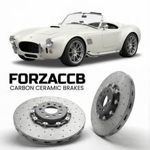 ForzaCCB direct OEM replacement carbon ceramic brake rotors for 2023 to 2026 AC Cars AC Cobra GT Roadster modern AC Cars era models, shown with a white AC Cars AC Cobra GT Roadster car.