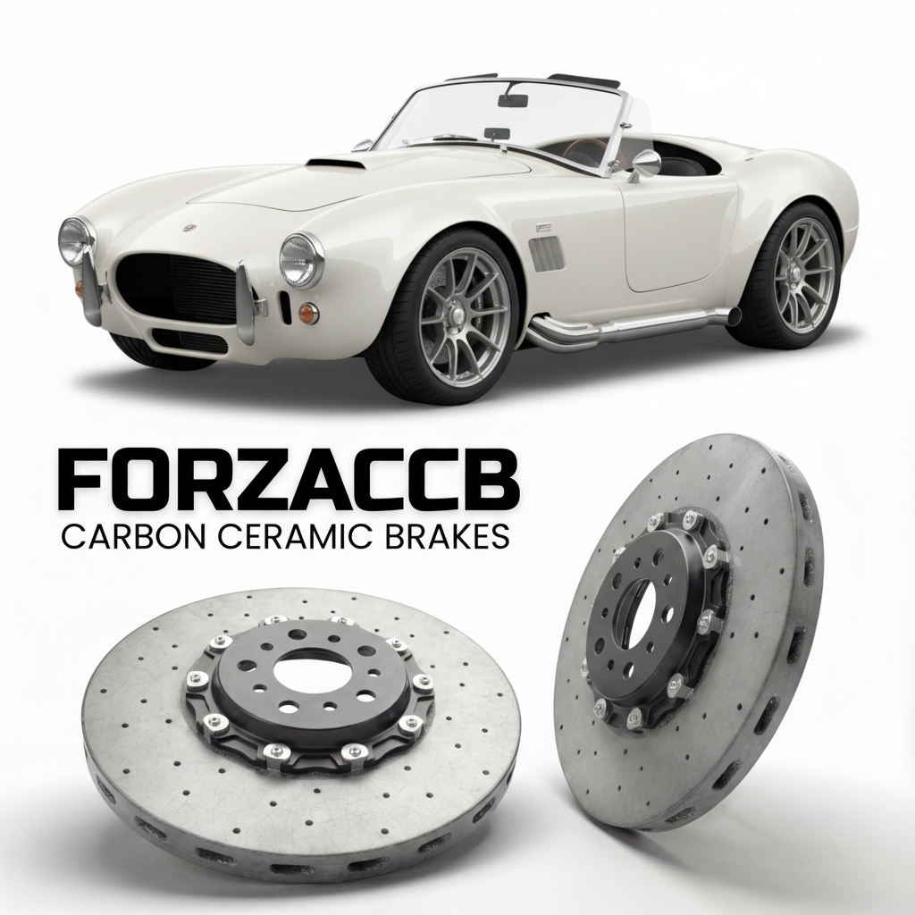 ForzaCCB direct OEM replacement carbon ceramic brake rotors for 2023 to 2026 AC Cars AC Cobra GT Roadster modern AC Cars era models, shown with a white AC Cars AC Cobra GT Roadster car.