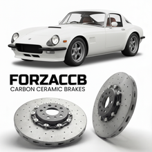 ForzaCCB direct OEM replacement carbon ceramic brake rotors for 1997 to 2001 AC Cars AC CRS AC Car Group era models, shown with a white AC Cars AC CRS car.