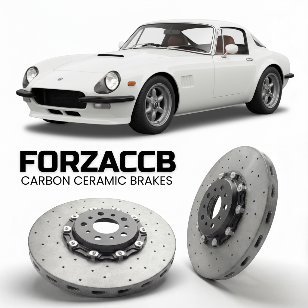 ForzaCCB direct OEM replacement carbon ceramic brake rotors for 1997 to 2001 AC Cars AC CRS AC Car Group era models, shown with a white AC Cars AC CRS car.