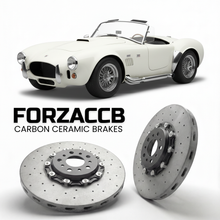 ForzaCCB direct OEM replacement carbon ceramic brake rotors for 1986 to 1996 AC Cars AC Mk IV Cobra AutoKraft/Angliss era models, shown with a white AC Cars AC Mk IV Cobra car.