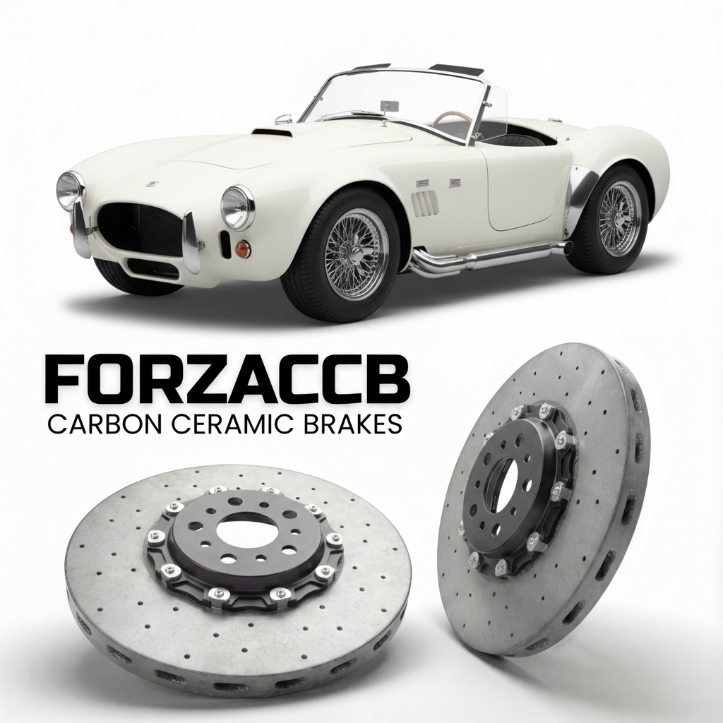 ForzaCCB direct OEM replacement carbon ceramic brake rotors for 1986 to 1996 AC Cars AC Mk IV Cobra AutoKraft/Angliss era models, shown with a white AC Cars AC Mk IV Cobra car.