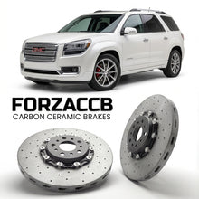 ForzaCCB direct OEM replacement carbon ceramic brake rotors for 2007 to 2013 GMC Acadia models, shown with a white GMC Acadia car.