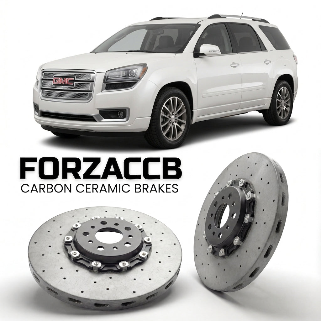 ForzaCCB direct OEM replacement carbon ceramic brake rotors for 2013-2016) GMC Acadia I (facelift 2013 models, shown with a white GMC Acadia car.