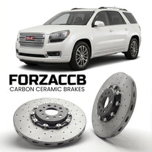 ForzaCCB direct OEM replacement carbon ceramic brake rotors for 2013-2016) GMC Acadia I (facelift 2013 models, shown with a white GMC Acadia car.