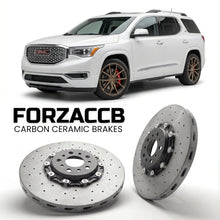 ForzaCCB direct OEM replacement carbon ceramic brake rotors for 2016 to 2019 GMC Acadia II models, shown with a white GMC Acadia car.