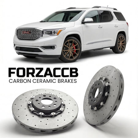 ForzaCCB direct OEM replacement carbon ceramic brake rotors for 2016 to 2019 GMC Acadia II models, shown with a white GMC Acadia car.