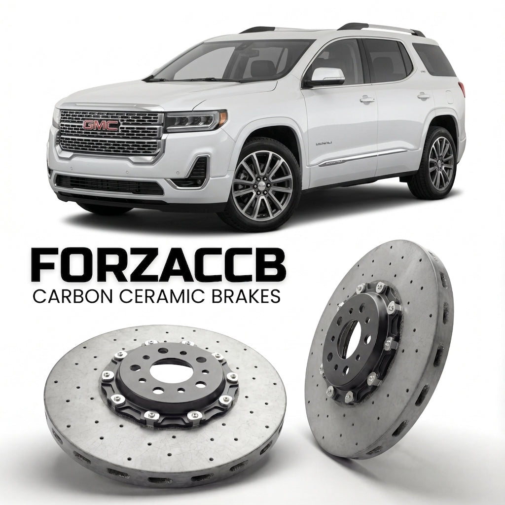 ForzaCCB direct OEM replacement carbon ceramic brake rotors for 2020-2023) GMC Acadia II (facelift 2020 models, shown with a white GMC Acadia car.