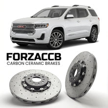 ForzaCCB direct OEM replacement carbon ceramic brake rotors for 2020-2023) GMC Acadia II (facelift 2020 models, shown with a white GMC Acadia car.