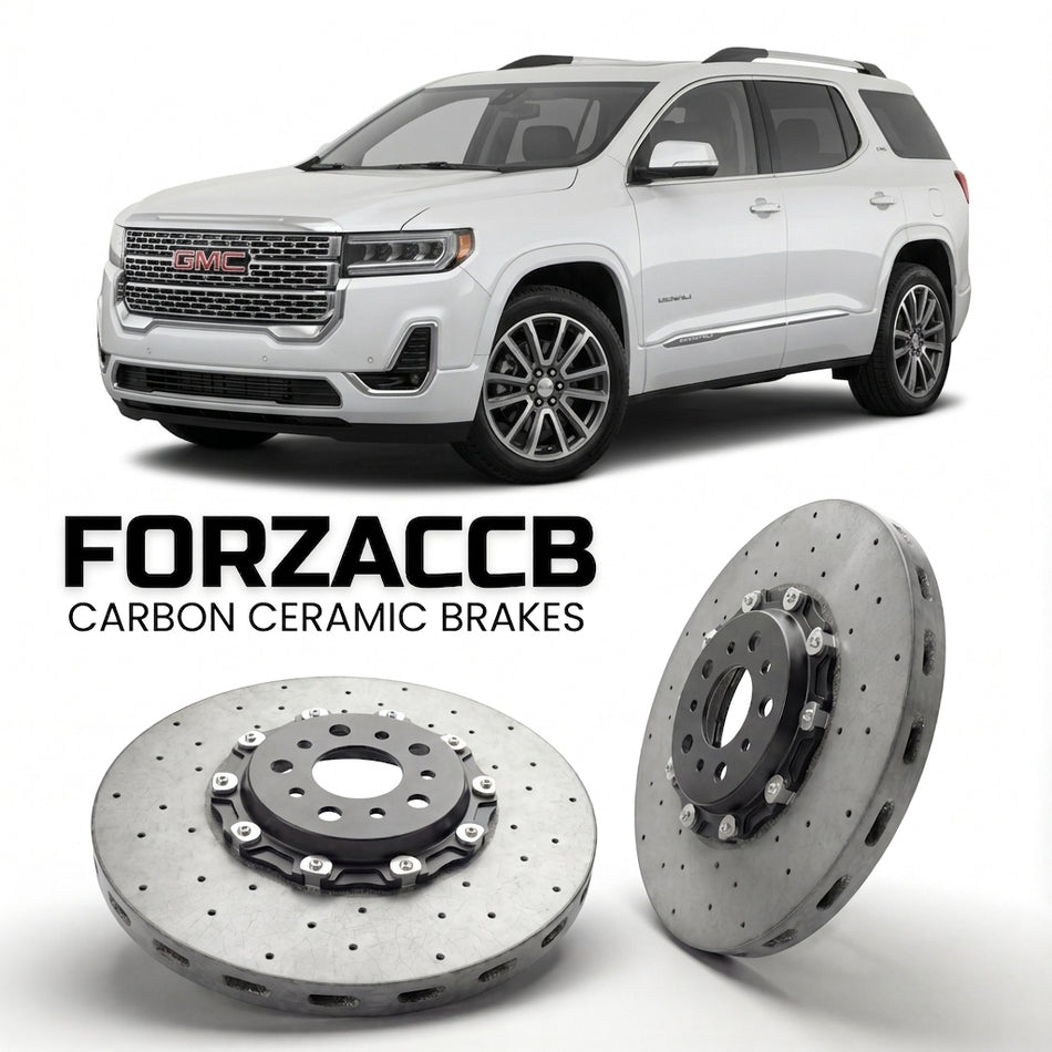 ForzaCCB direct OEM replacement carbon ceramic brake rotors for 2020-2023) GMC Acadia II (facelift 2020 models, shown with a white GMC Acadia car.
