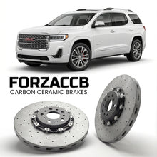 ForzaCCB direct OEM replacement carbon ceramic brake rotors for 2024 and newer GMC Acadia III models, shown with a white GMC Acadia car.
