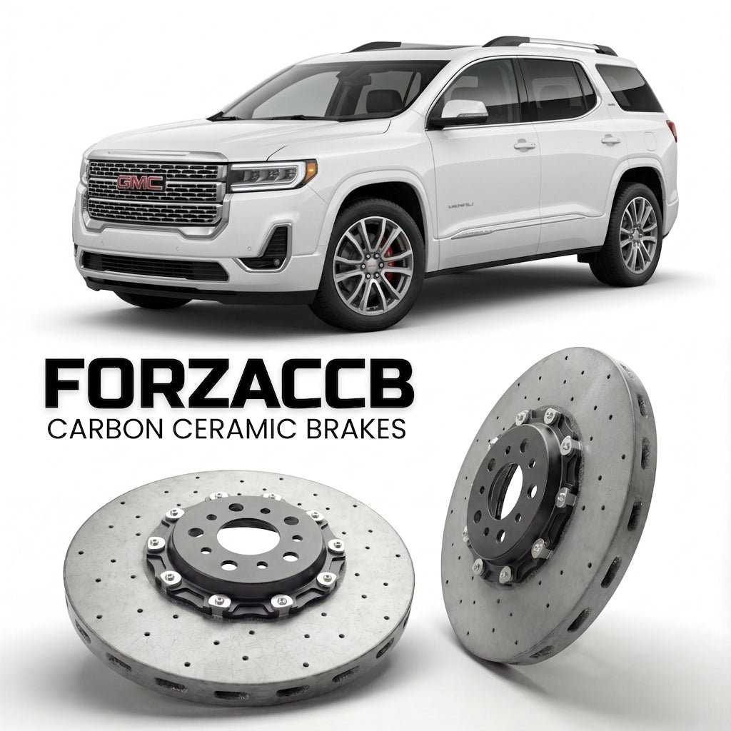 ForzaCCB direct OEM replacement carbon ceramic brake rotors for 2024 and newer GMC Acadia III models, shown with a white GMC Acadia car.