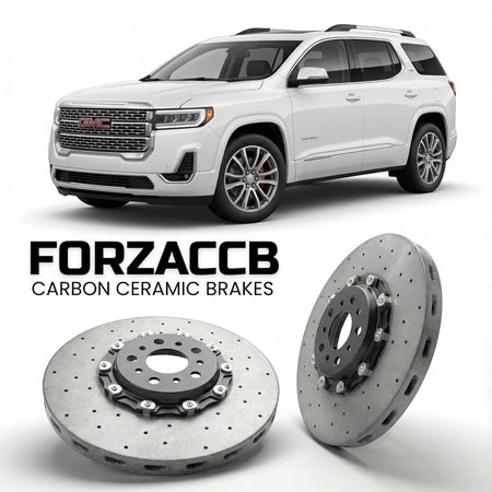 ForzaCCB direct OEM replacement carbon ceramic brake rotors for 2024 and newer GMC Acadia III models, shown with a white GMC Acadia car.