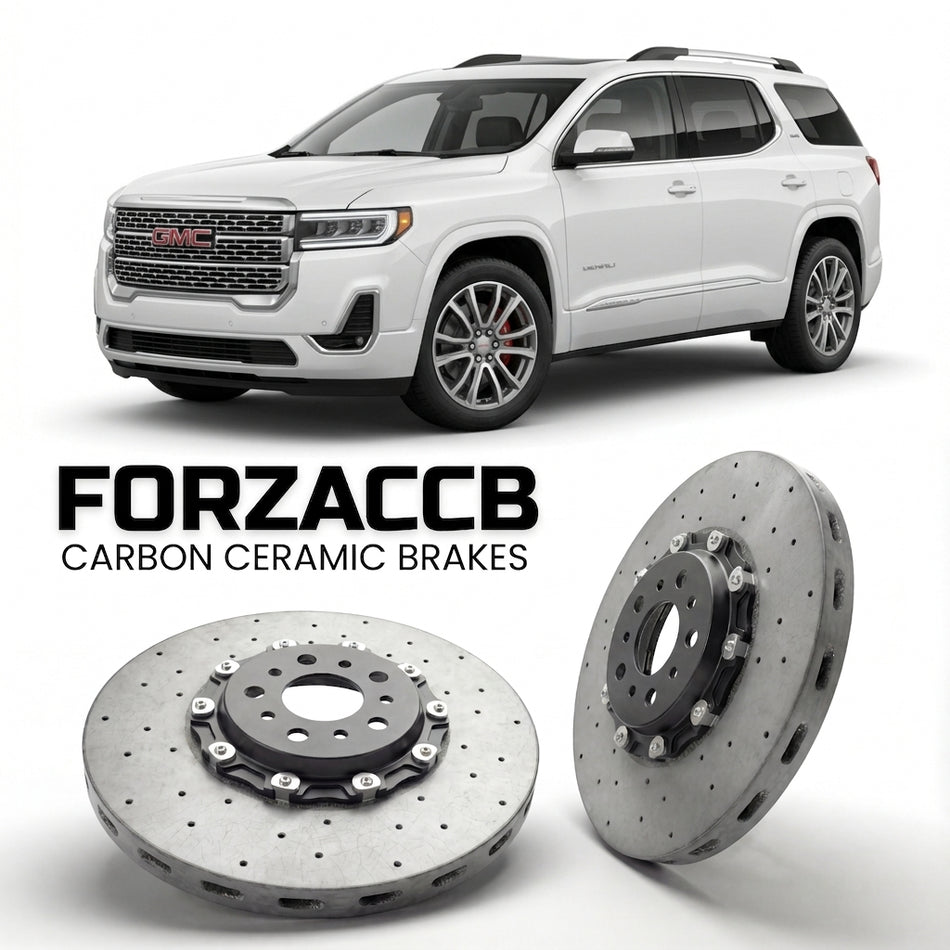 ForzaCCB direct OEM replacement carbon ceramic brake rotors for 2024 and newer GMC Acadia III models, shown with a white GMC Acadia car.