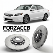ForzaCCB direct OEM replacement carbon ceramic brake rotors for 2008 to 2012 Honda Accord CP2 models, shown with a white Honda Accord car.